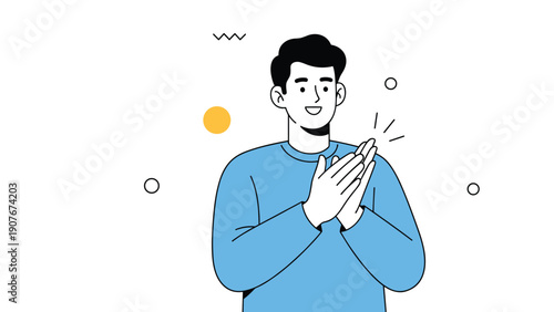 Young man in a blue sweater clapping his hands with a happy expression and creative abstract decorative elements.