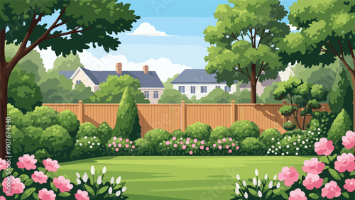 Beautiful green backyard garden with well maintained lawn pink flower bushes and suburban houses behind fence.