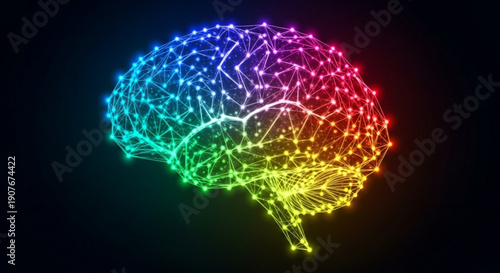 Vibrant rainbow colored brain illustration with neon lights on black background symbolizing creativity and diversity
