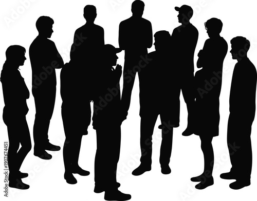 Group of people silhouettes standing together, teamwork discussion concept, social interaction crowd, community meeting illustration, black vector isolated design