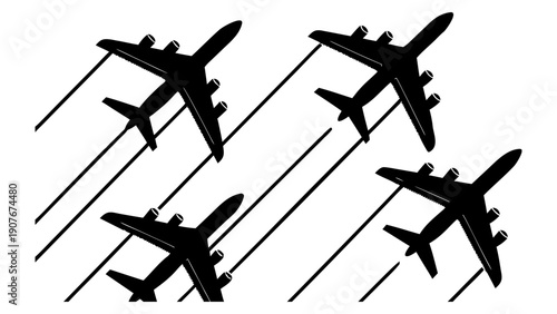 Black plane silhouettes flying in formation with vapor trails on a transparent background vector illustration depicting aviation fleet maneuvers during a military parade vector illustration.