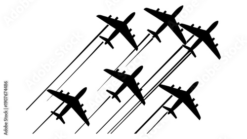 Six airplane silhouettes flying together in formation with long vapor trails on a transparent background, representing an air traffic group and a commercial aviation fleet vector illustration.