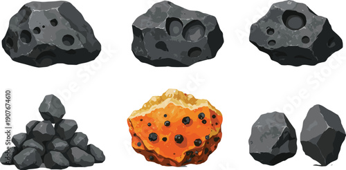 Set of various dark grey space asteroids and meteorites with craters including a glowing orange lava rock for astronomical vector design