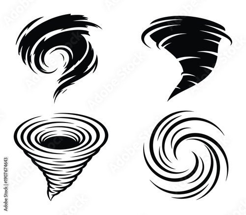 Four stylized black and white tornado and vortex illustrations