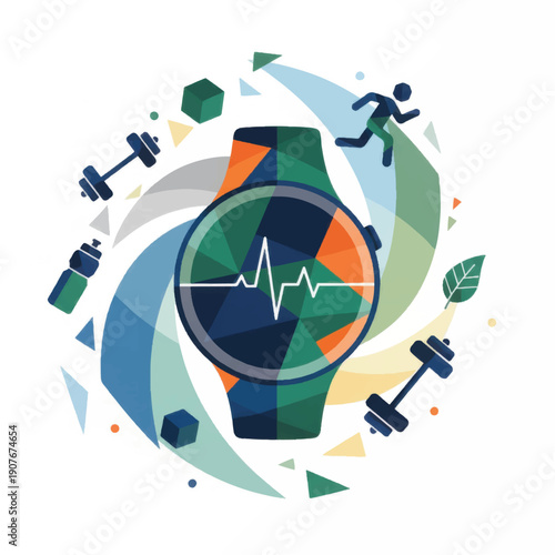 Smartwatch displaying heart rate with fitness icons surrounding it.