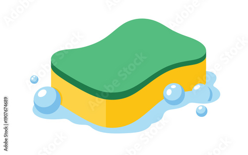 Green and Yellow Sponge with Bubbles, Isolated on White Background