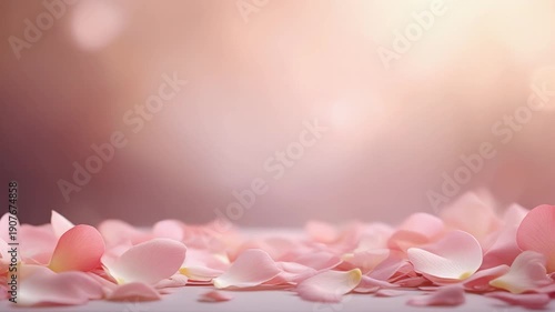 Empty background concept where petals are scattered against a soft pastel-toned background.