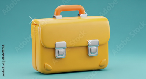 Vibrant yellow briefcase with silver latches and orange handle on teal background symbolizing business and travel