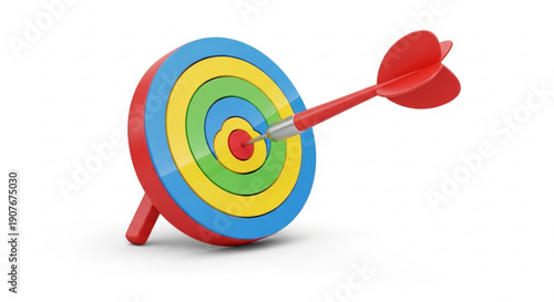 Colorful toy dartboard with red arrow hitting bullseye standing on white background symbolizing precision and fun