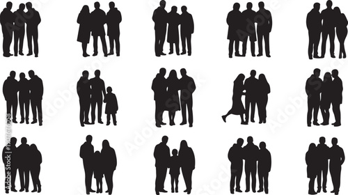 Silhouettes of people in various group settings and poses