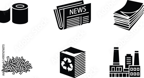 Paper recycling icons set, newspaper waste factory roll document symbols, eco recycling concept illustration isolated on white background