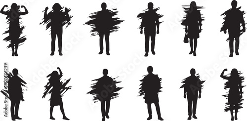 Silhouette of people with abstract expressive brush strokes around