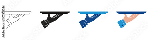 Waiter hand holding tray set. Waiter Tray Platter Holding By Woman Hand isolated on white background. Vector illustration.