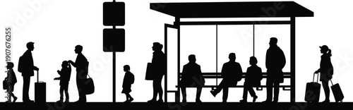 People waiting at bus stop silhouette, urban public transportation concept, passengers commuting with luggage, city travel illustration isolated