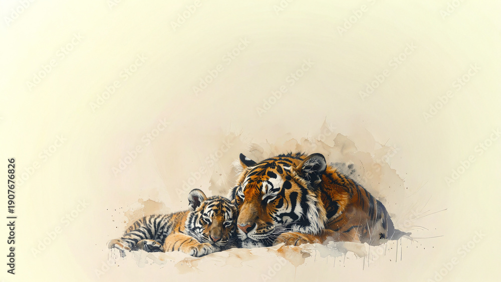 Obraz premium Mother tiger and cub resting together in traditional oriental watercolor style with copy space for family theme
