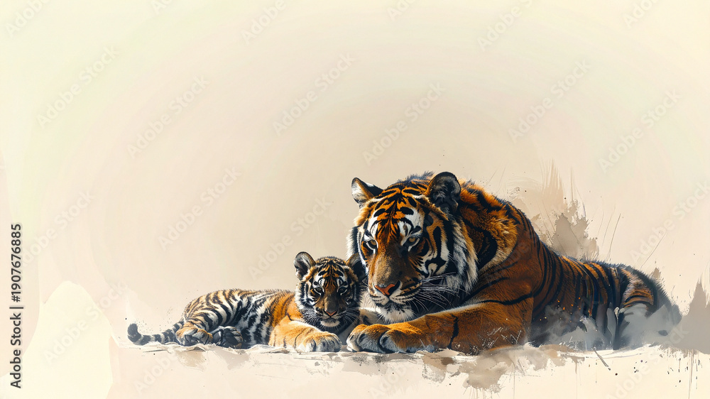 Obraz premium Mother tiger and cub resting together in traditional oriental watercolor style with copy space for family theme