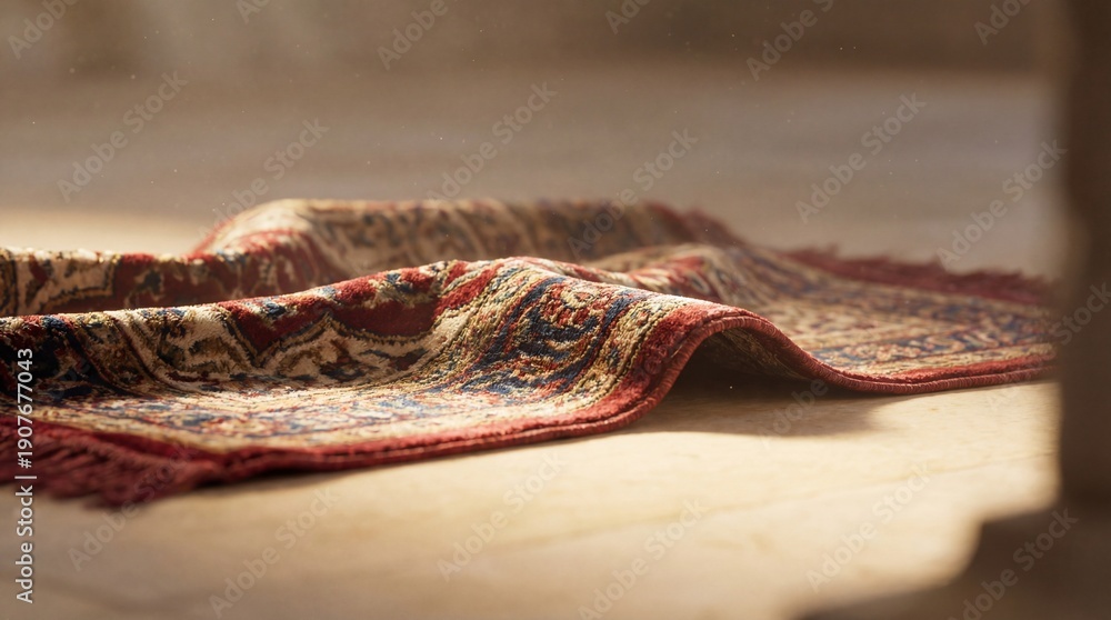 Obraz premium A vibrant rug lies crumpled on a light wooden floor, illuminated by soft natural light from an unseen window.
