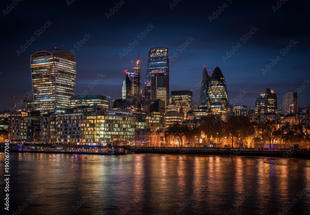 Fototapeta premium Illuminated Cityscape At Night With River Reflection And Tall Buildings In London England