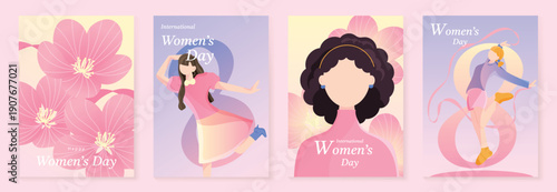 International Womens Day vector poster illustration with woman character, floral frame and pastel background with number 8 elements. Playful design for posters, cards, stickers and social posts.