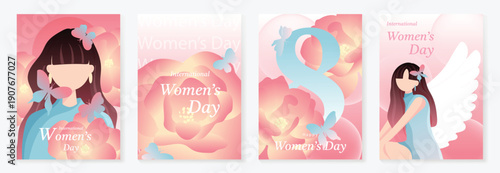 Quadro em tela International Womens Day vector poster illustration with girl illustration, angel wings, hearts and soft pink gradients