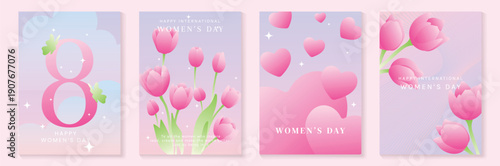 International Womens Day vector poster illustration with number 8, tulips, hearts and soft bokeh on pink gradient background. Warm design for posters, greeting cards, flyers and banners.