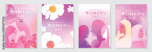 International Womens Day vector poster illustration with women silhouettes, daisy flowers and hearts on pastel pink background. Cheerful design for cards, invitations, posters and web banners.