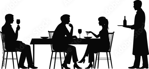 Restaurant dining silhouettes with waiter serving wine, elegant dinner conversation scene, romantic couple eating, cafe interior illustration isolated