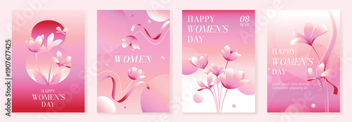 International Womens Day vector poster illustration with flower buds, petals and soft abstract curves on pink background. Soft design for greeting cards, posters, banners and invitations.