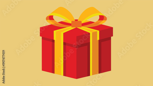Red gift box with a yellow ribbon set against a beige