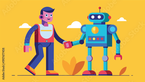 A cartoon man and a robot shaking hands