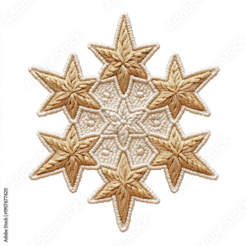 Intricate Golden Snowflake With Star Embellishments And Detailed Centerpiece On White Background