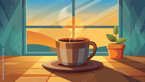 A coffee cup and saucer sit on a table