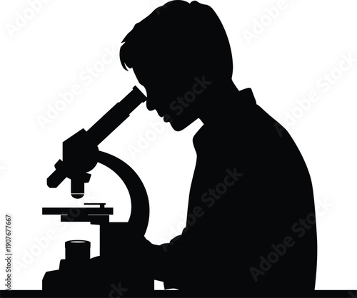 Scientist using microscope silhouette, laboratory research analysis concept, scientific discovery education study illustration isolated on white background