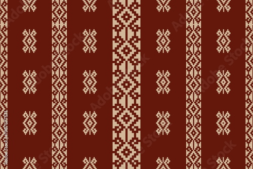 Seamless vertical tribal stripe pattern in warm brown and cream tones with pixel woven texture. Ethnic geometric textile style perfect for fabric prints, upholstery, wallpaper, fashion, and rustic dec