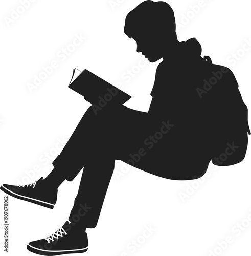Student reading book silhouette, education concept, young learner with backpack studying quietly isolated on white background illustration
