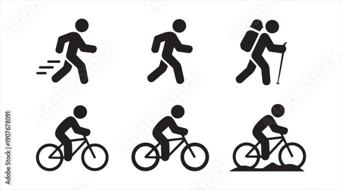Outdoor sport activity silhouette icon collection with hiking, running, and cycling