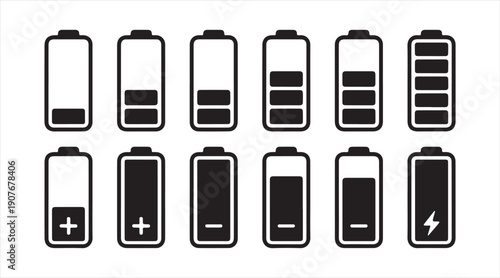 Black battery status symbols set representing charging and energy levels