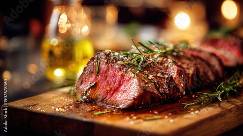 Juicy Roasted Beef Steak Seasoned With Herbs And Salt On A Wooden Board With Soft Bokeh Lights