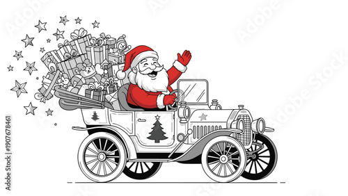 Joyful Santa Claus waving a friendly greeting while driving a classic vintage car loaded with many wrapped Christmas presents for the holidays.