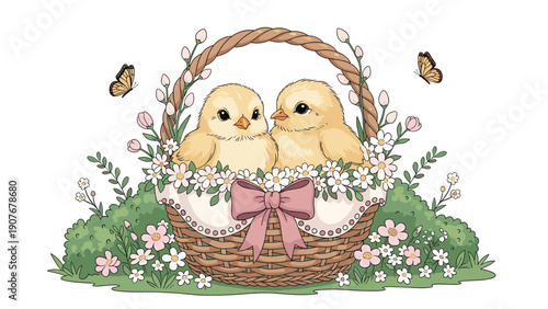 Two tiny yellow Easter chicks sitting snugly inside a rustic wicker basket adorned with spring flowers and a large pink decorative ribbon bow.