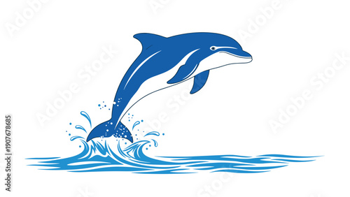 Majestic blue dolphin leaping high out of the sparkling ocean water with a big splash in a clean and simple vector illustration of marine life.