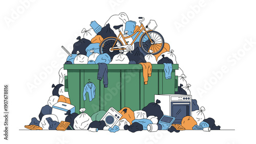 Large green industrial dumpster overflowing with many bags of trash, an old bicycle, and abandoned household appliances on a white background.