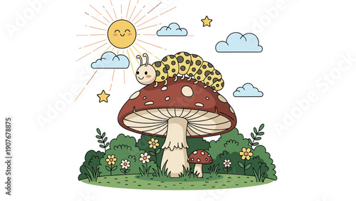 Cute yellow caterpillar with black spots crawling slowly across the top of a large red mushroom in a lush green field under a smiling sun.