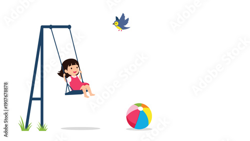 Little girl in a red dress having fun on a blue swing set in a park while a small bird flies nearby and a colorful beach ball sits on the grass.