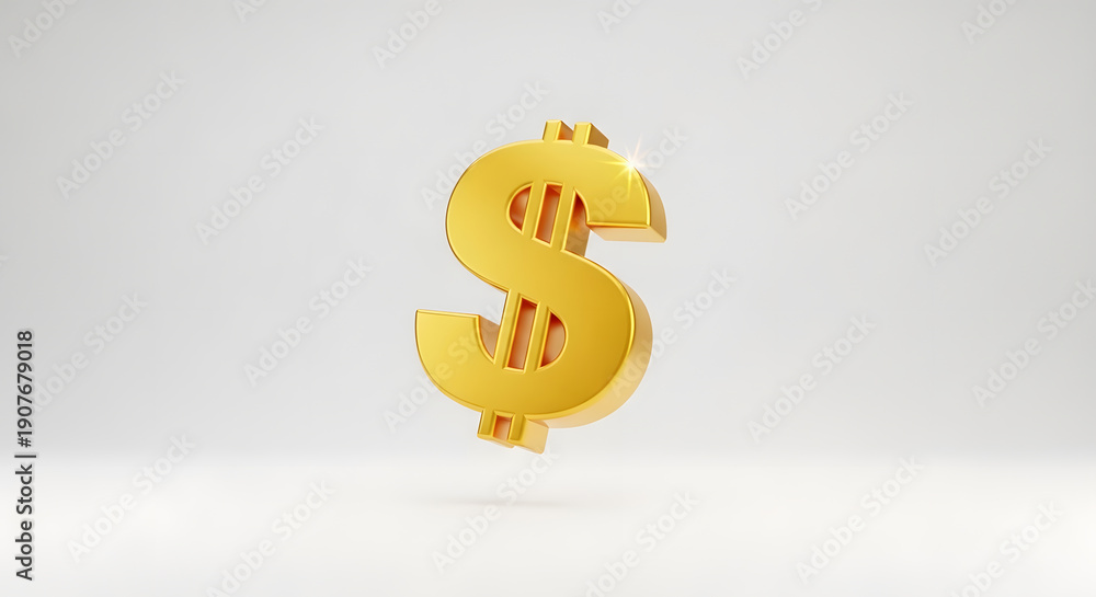 Obraz premium Golden three-dimensional dollar sign symbol floating against a clean white background