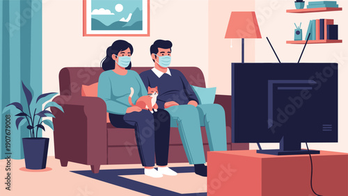 Concerned man and woman wearing protective face masks while sitting on a sofa with their cat and watching news updates on a television screen.