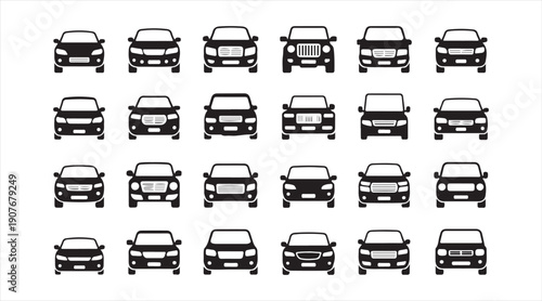 Car front view icon collection with modern automobile silhouettes