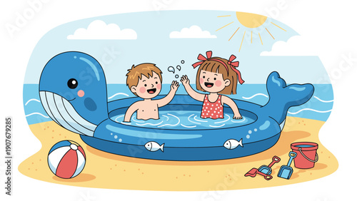 Happy young boy and girl playing together inside a large whale shaped inflatable pool on a sandy beach during a fun family summer vacation.
