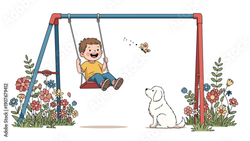 Joyful young boy playing on a swing set in a beautiful garden full of blooming flowers while his white dog watches with interest.