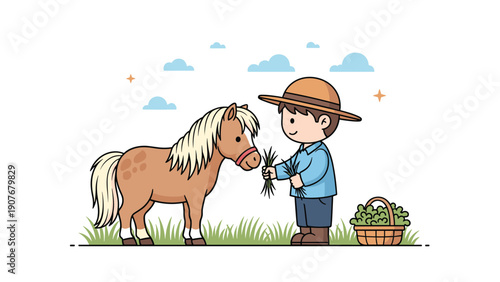 Gentle young boy wearing a straw hat feeding fresh green grass to a friendly brown pony in a peaceful meadow under a cloudy sky.